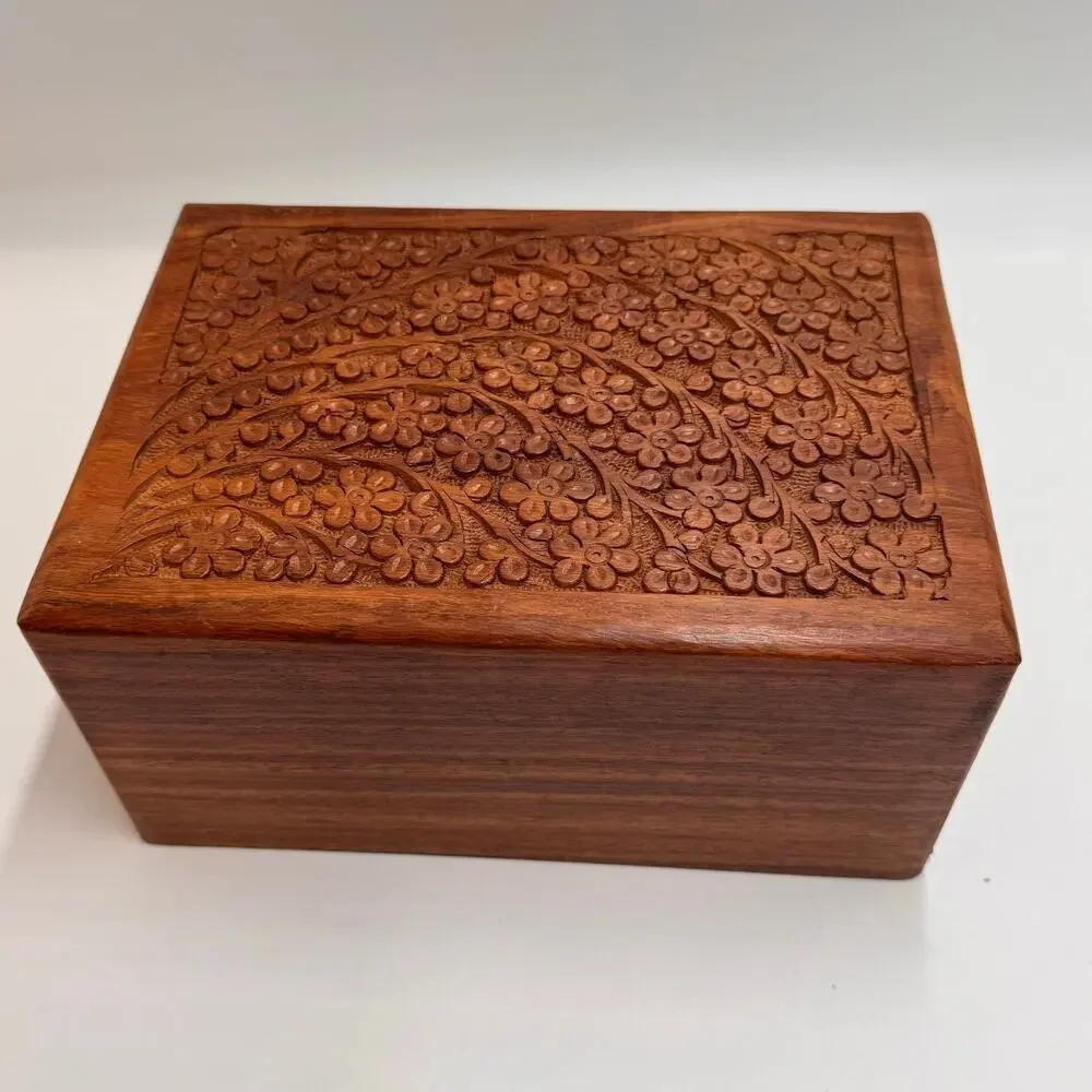 Carved Wood Floral Keepsake Box Sliding Lid Jewelry Trinket Storage 7.25 Inch